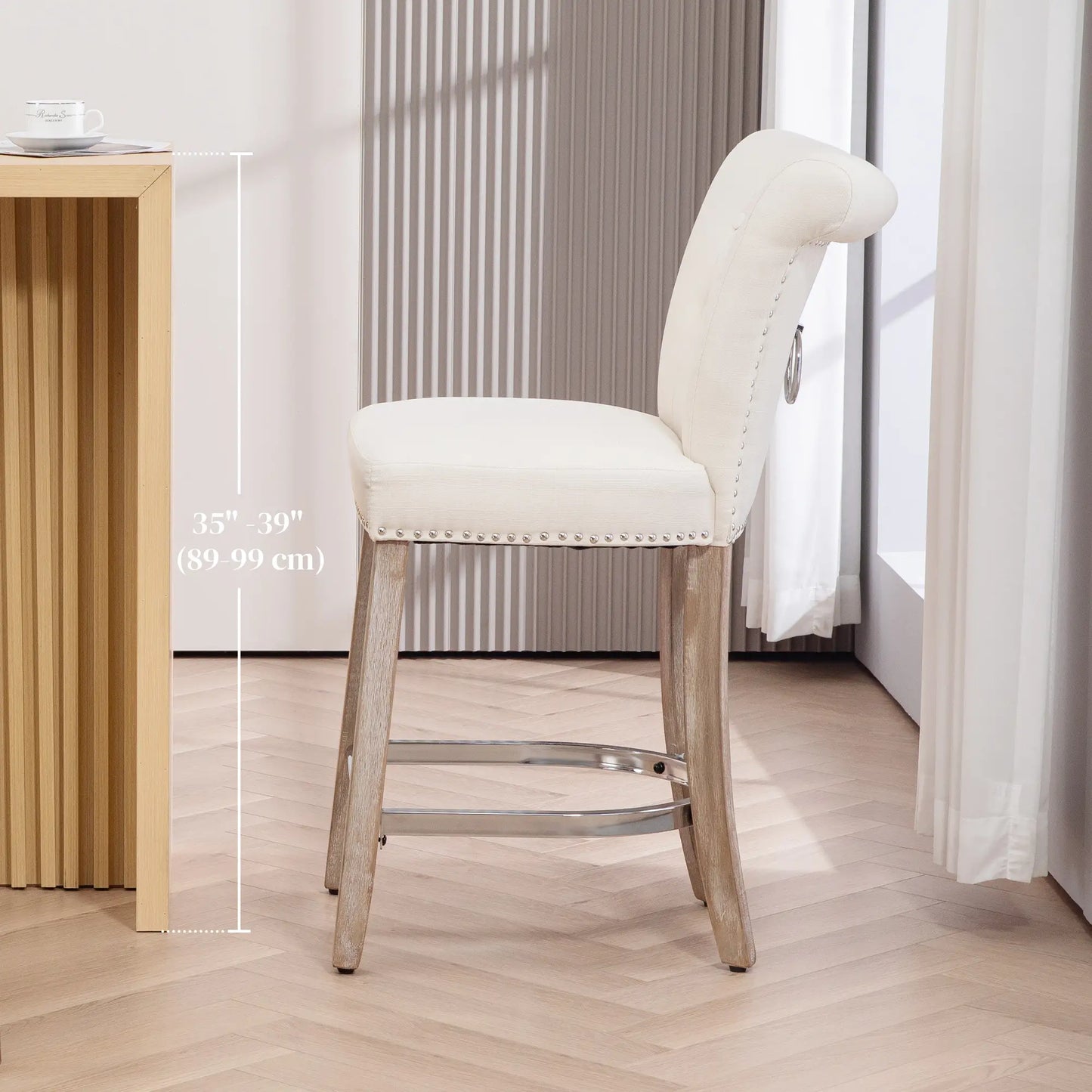 Bar Stools Set of 2, Upholstered Counter Height Stools with Button Tufted Back, Wood Legs and Footrest, in Cream White