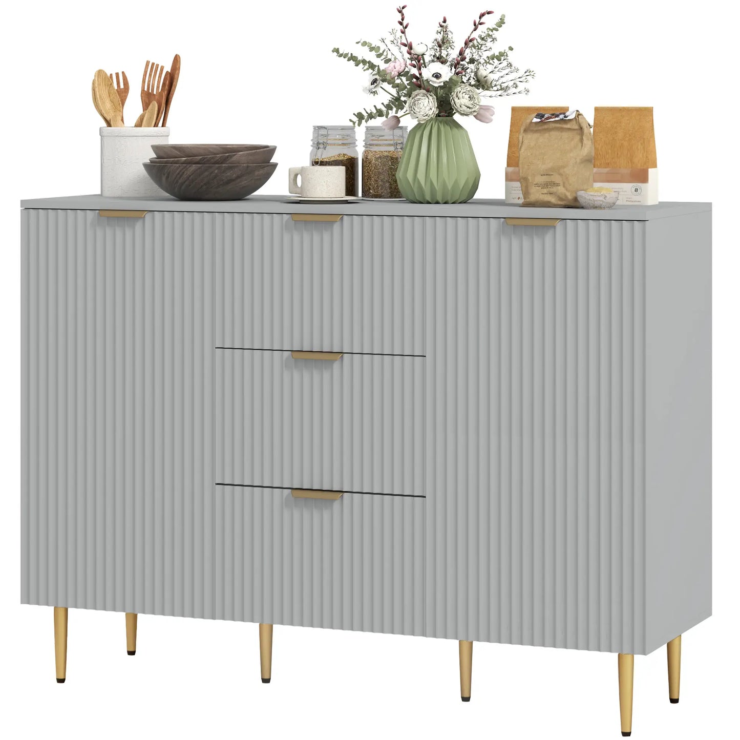 Sideboard Buffet Cabinet w/ 3 Drawers and Adjustable Shelves for Kitchen Hallway, Grey