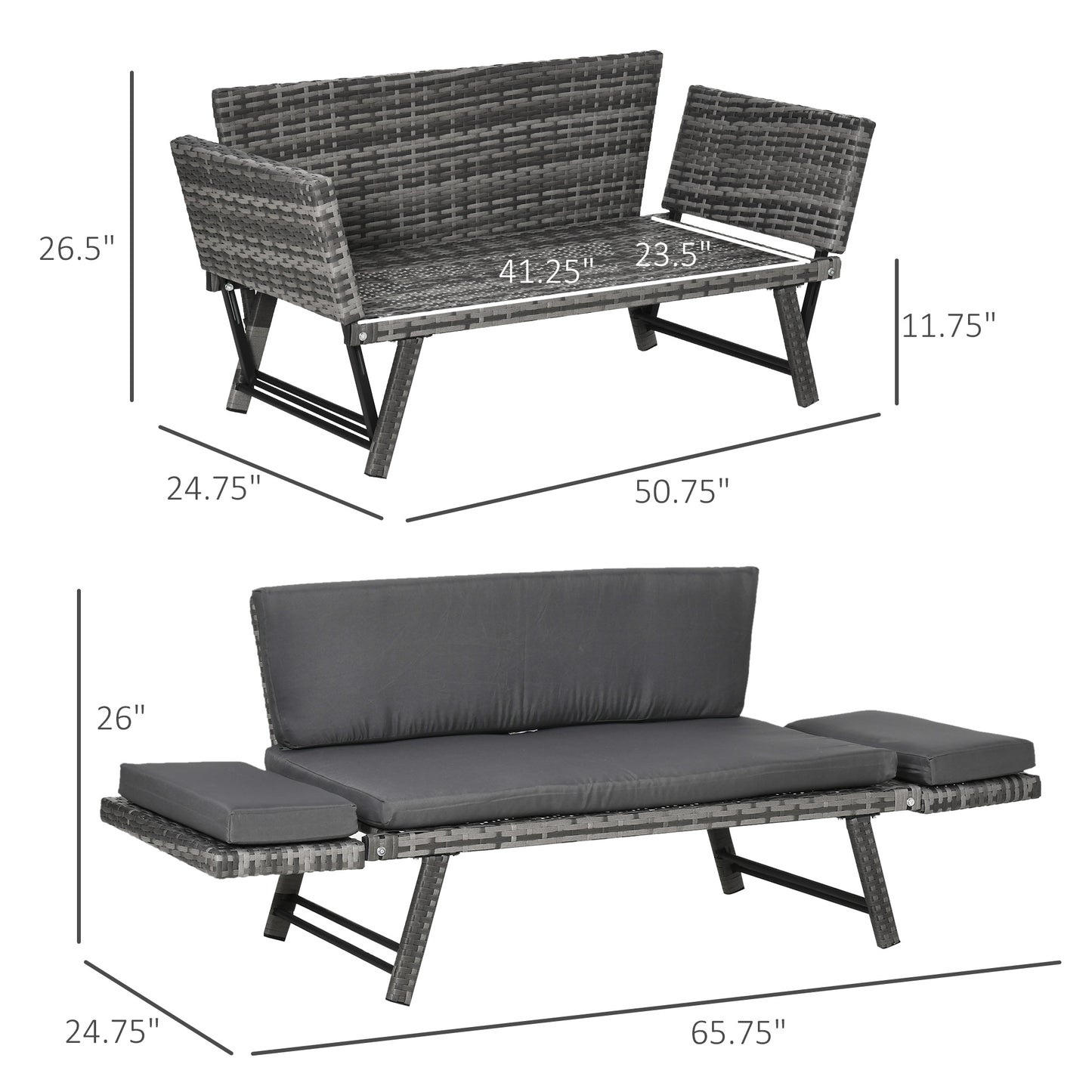 Outsunny Convertible Wicker Loveseat Grey Patio Chaise Lounge