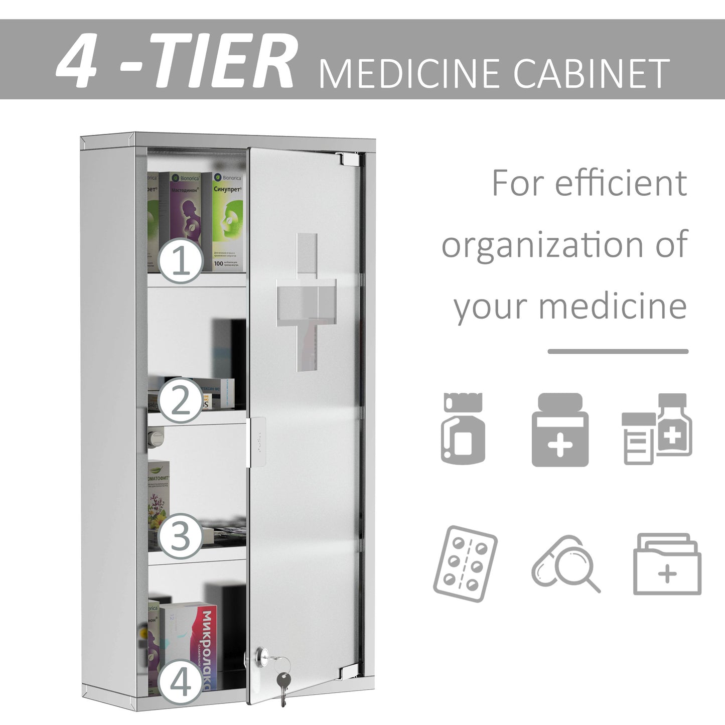 Stainless Steel Medicine Cabinet 4 Tier Frosted Door Lockable w/ 2 Keys Wall Mount First Aid Unit Home Safety Box