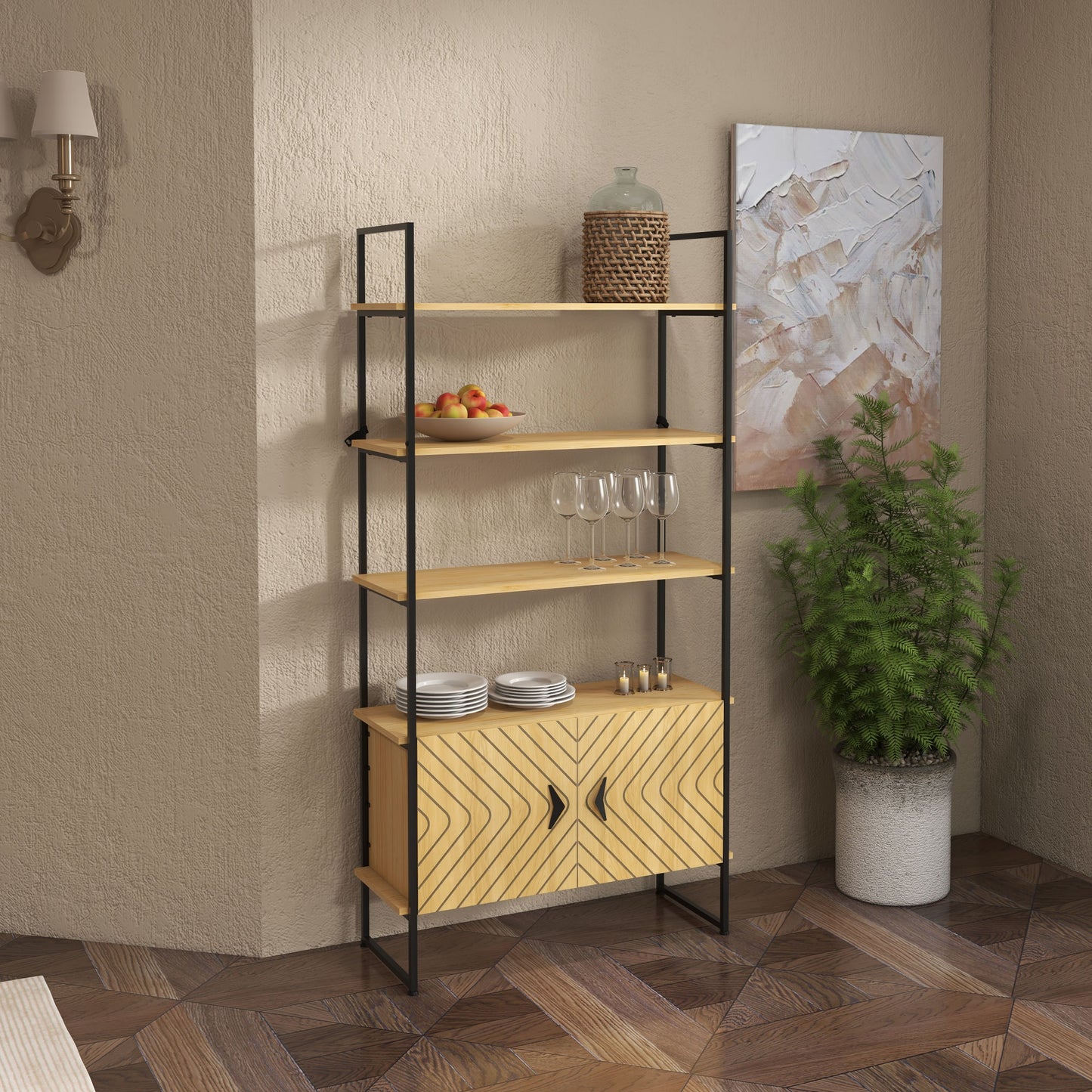 4-Tier Shelving Unit with Double Door Cabinet, Industrial Bookshelf, Storage Rack with Open Shelves and Metal Frame for Living Room, Bedroom, Study, Oak