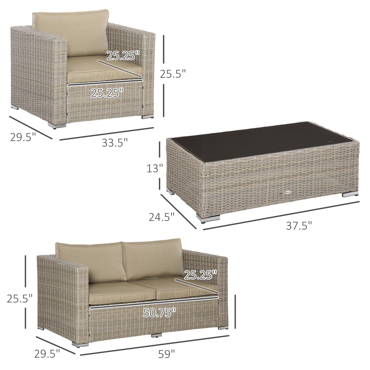 4 Pieces Patio Wicker Furniture Set, Outdoor PE Rattan Sofa Set, Sectional Conversation All Weather Resistant Sofa Furniture, w/ Extra Wide Seat, Cushion & Glass Top Table, Beige