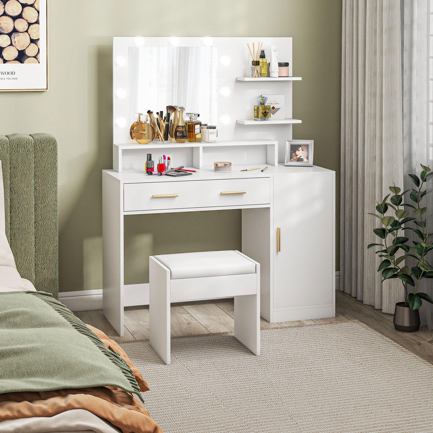 Illuminated Dressing Table Set, LED Vanity Table Set with Stool, LED Mirror, Drawer and Cabinet Shelves for Bedroom