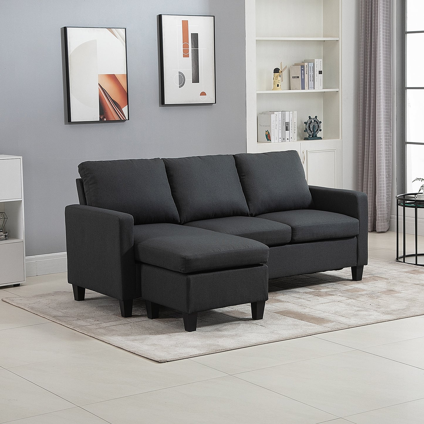 L Shape Sofa, Modern Sectional Couch with Reversible Ottoman, Convertible Corner Sofa for Living Room, Dark Grey