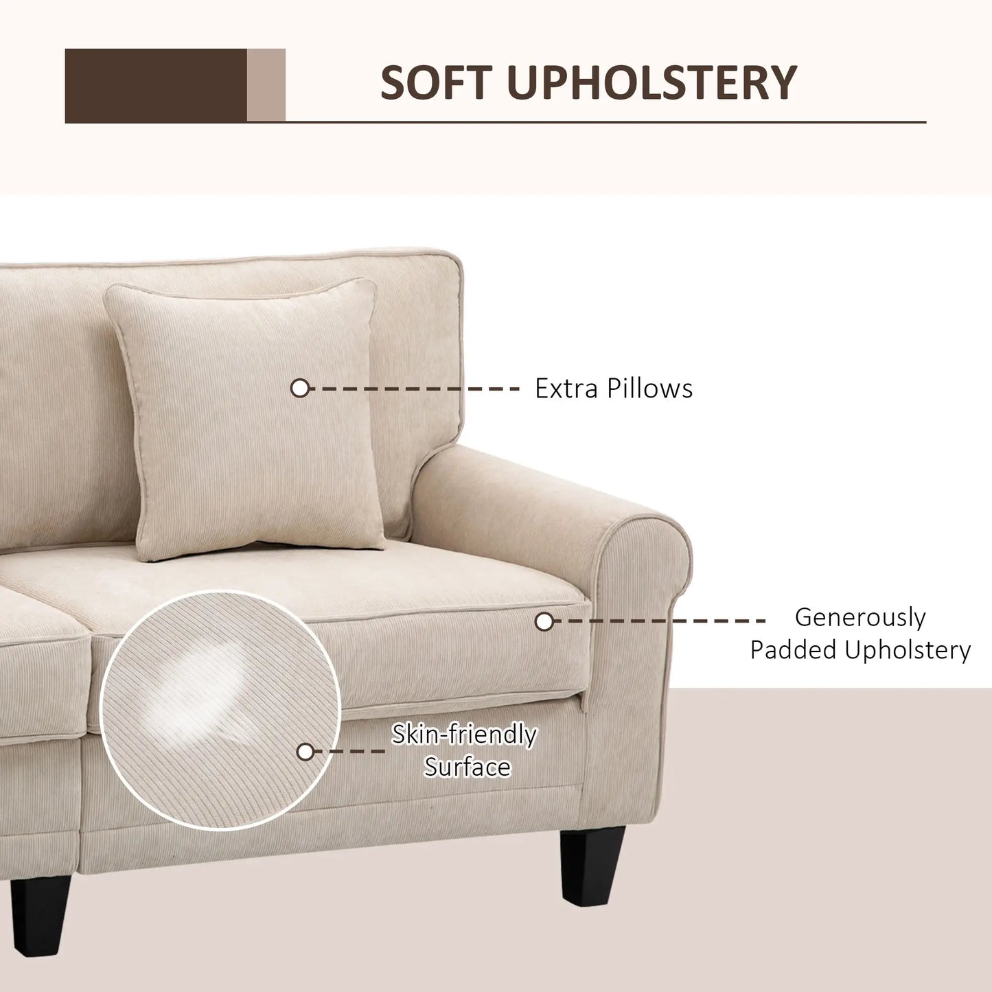 Corduroy Fabric 3 Seater Couch with Pine Wood Legs and Rolled Armrests for Living Room, Beige