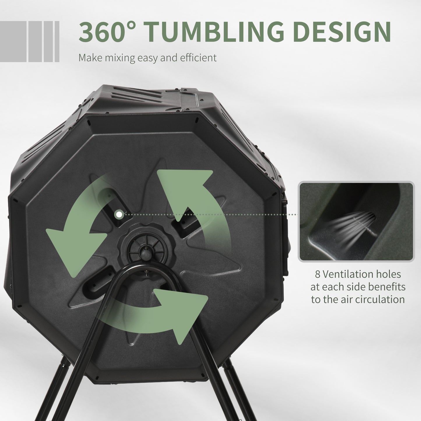 Tumbling Compost Bin Outdoor Dual Chamber 360° Rotating Composter 43 Gallon w/ Sliding Doors & Solid Steel Frame, Black