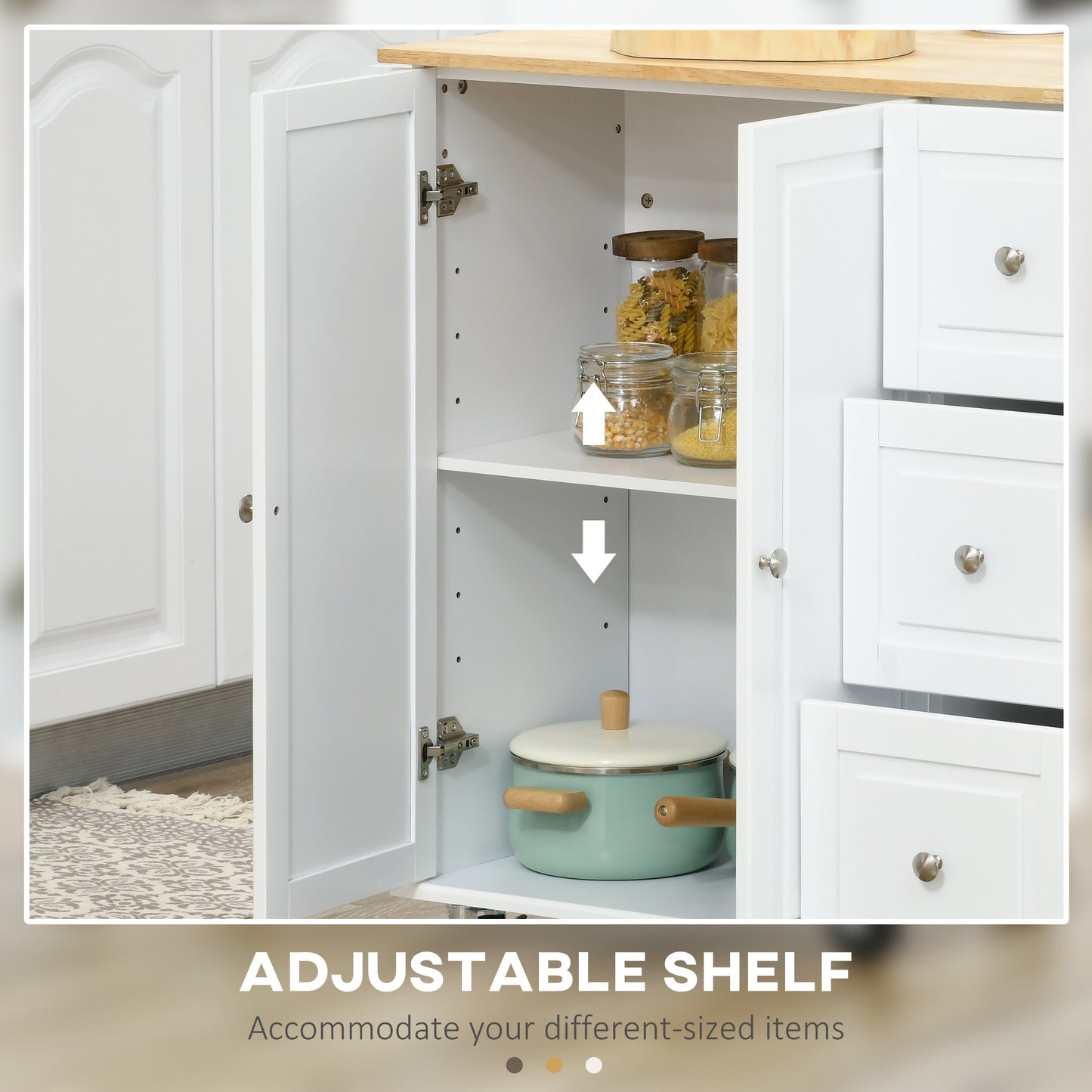 Kitchen Island with Drop Leaf, Rolling Kitchen Cart on Wheels with 3 Drawers, Cabinet, Natural Wood Top, Spice Rack and Towel Rack, White