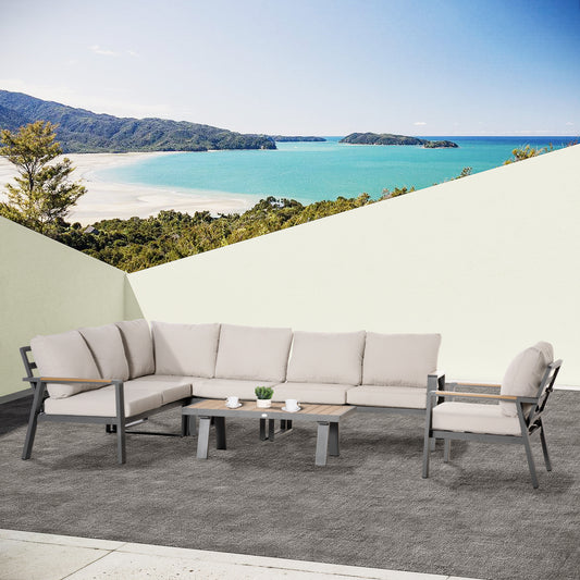 6-Piece L-shaped Patio Furniture Set for 7, Aluminium Conversation Set Sectional Corner Sofa Set with Widened Seat, Teak Wood Top Coffee Table & Cushions, Cream White