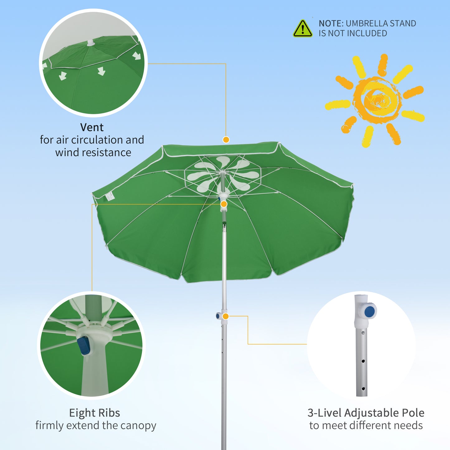 Arc. 6.4ft Beach Umbrella with Aluminum Pole Pointed Design Adjustable Tilt Carry Bag for Outdoor Patio Green