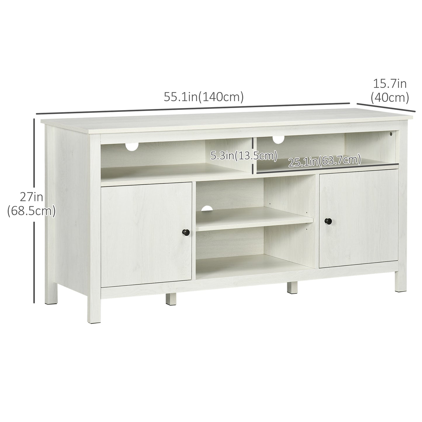 TV Stand for TVs up to 55", TV Unit with Storage Cupboard and Shelves, 55.1" x 15.7" x 27", White