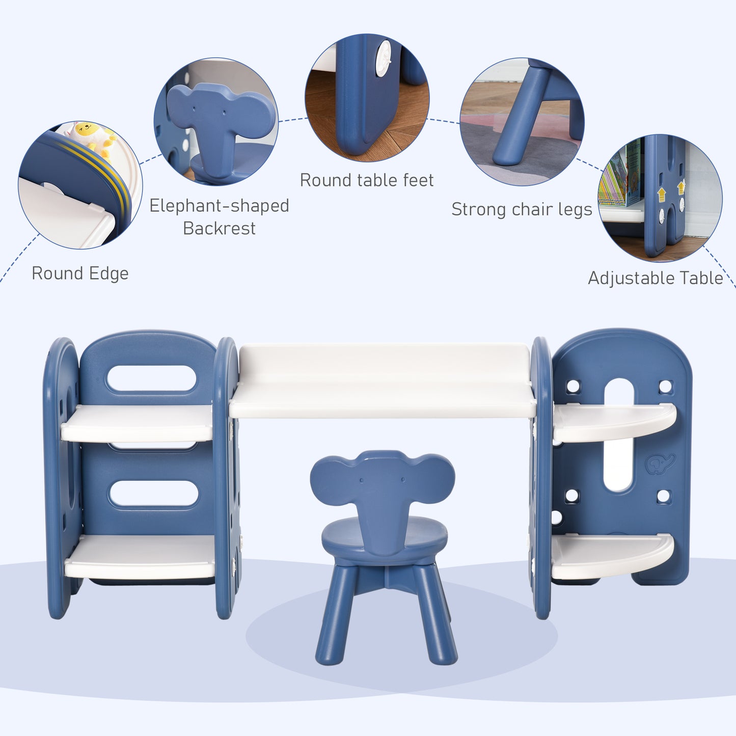 Qaba Kids Adjustable Table and Chair Set 2 Piece Play Table with Storage Children's Playroom/Bedroom Furniture Toddler PE Blue and white for 1-4 years old