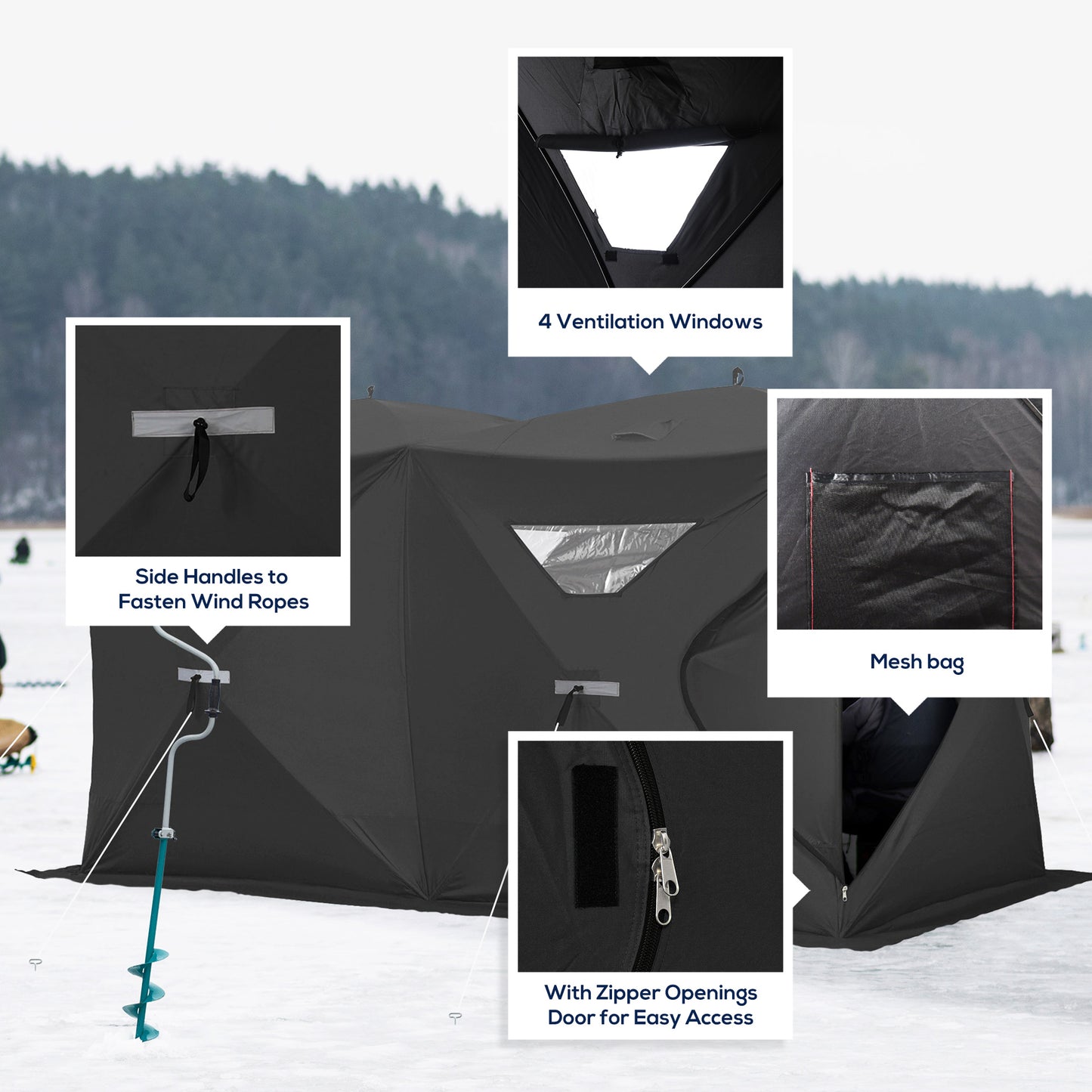 5-8 Person Pop-up Ice Fishing Shelter, Portable Ice Fishing Tent, Black