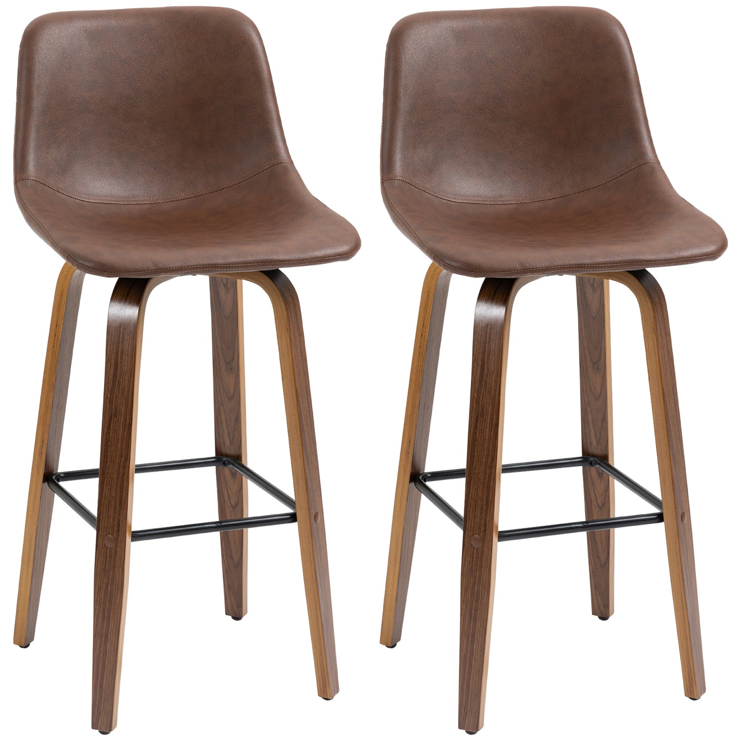 Counter Height Bar stools Set of 2 Mid-Back PU Leather Bar Chairs with Wood Legs, Brown