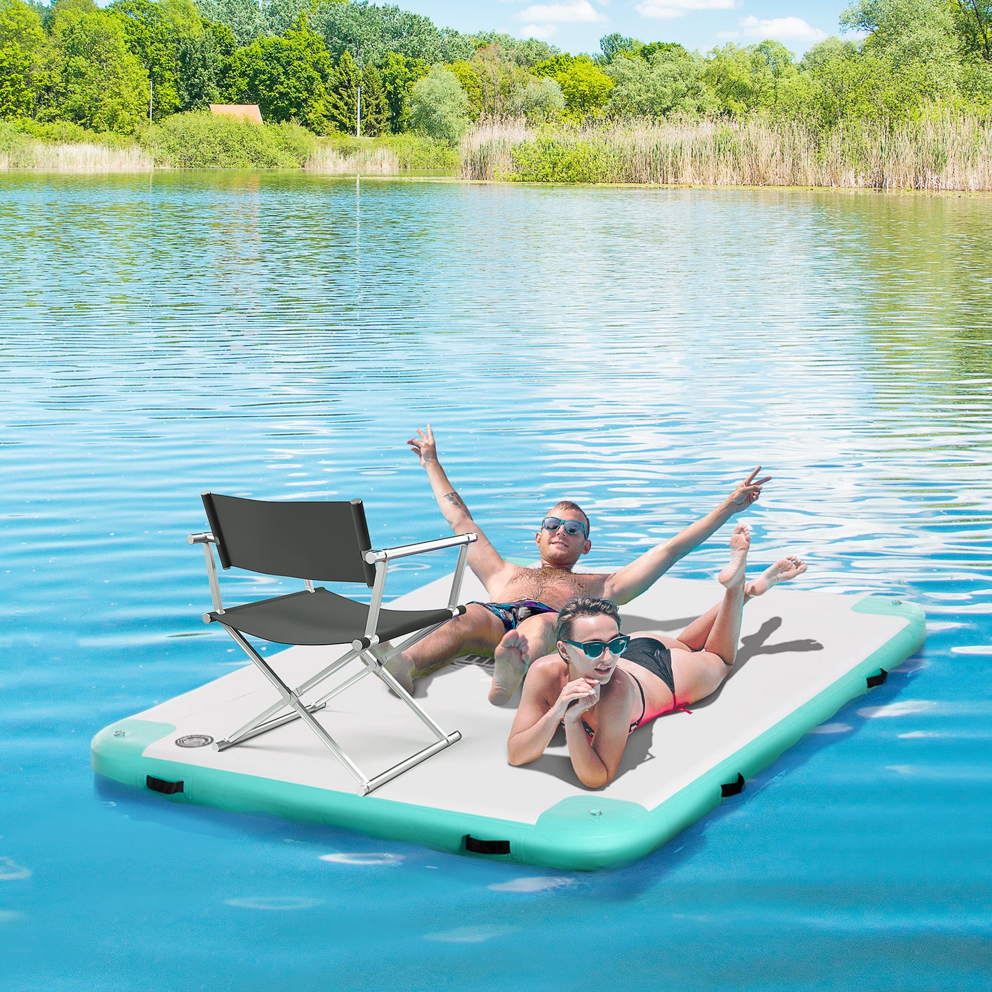 8' x 6' Water Inflatable Floating Dock, Rafting Platform Island, Large Mat with Air Pump & Backpack, for Pool, Beach, Ocean