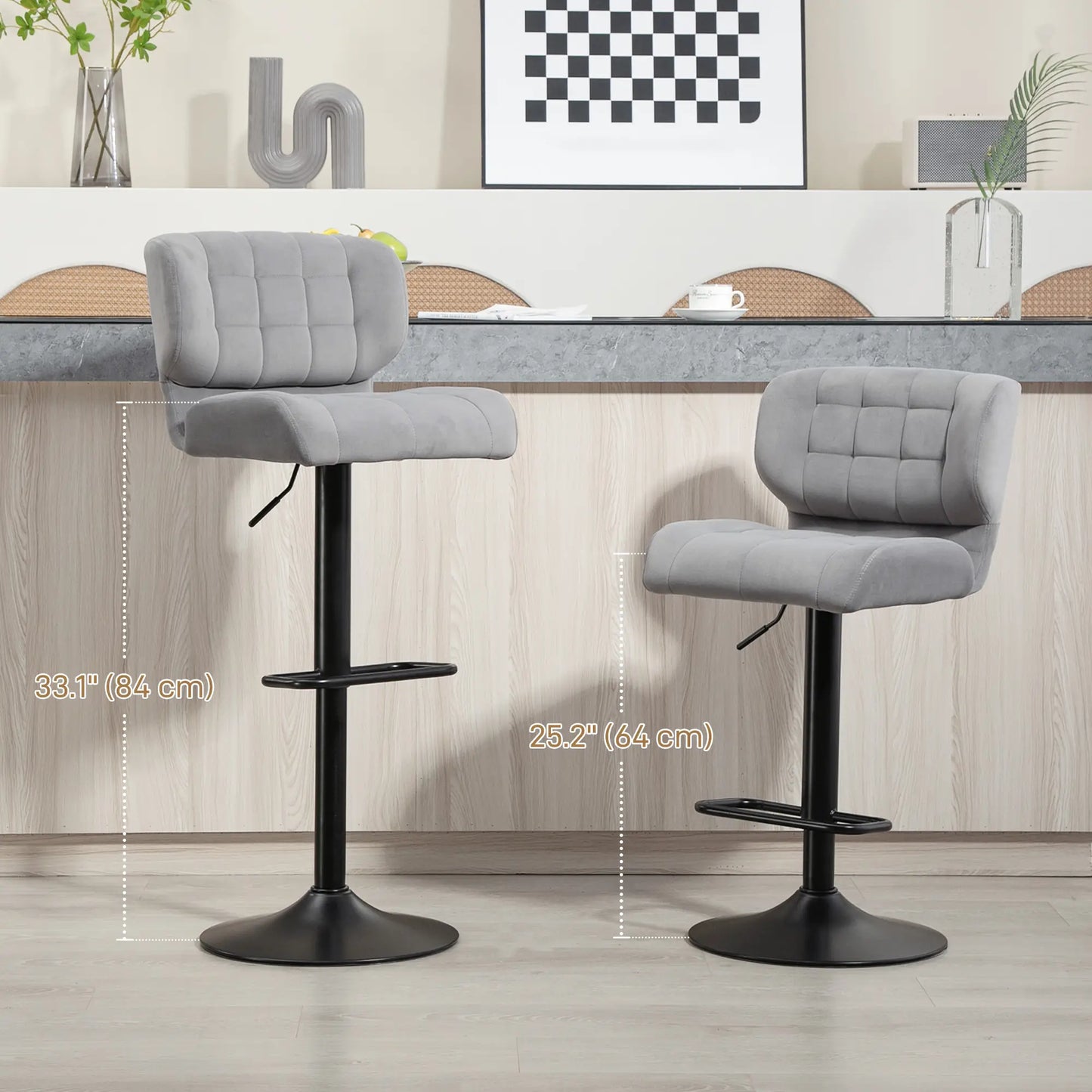 Swivel Tufted Velvet-feel Fabric Barstools Set of 2, Height Adjustable in Grey