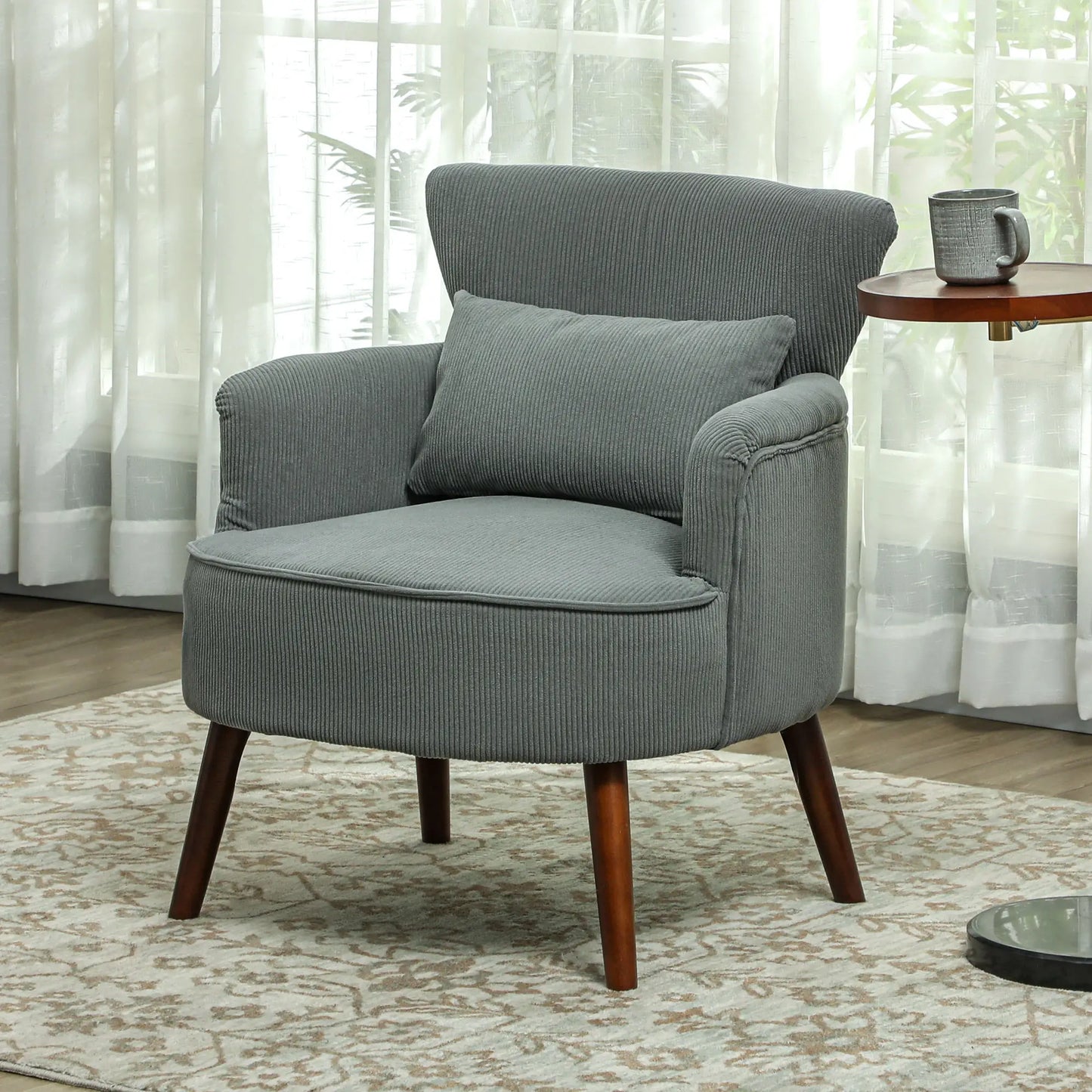 Modern Accent Chair with Solid Wood Legs and Lumbar Pillow for, Grey