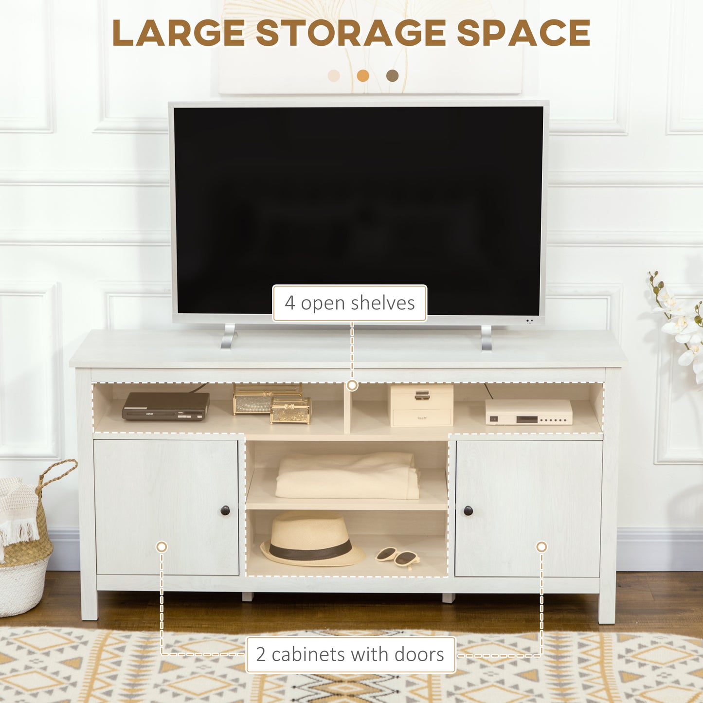 TV Stand for TVs up to 55", TV Unit with Storage Cupboard and Shelves, 55.1" x 15.7" x 27", White