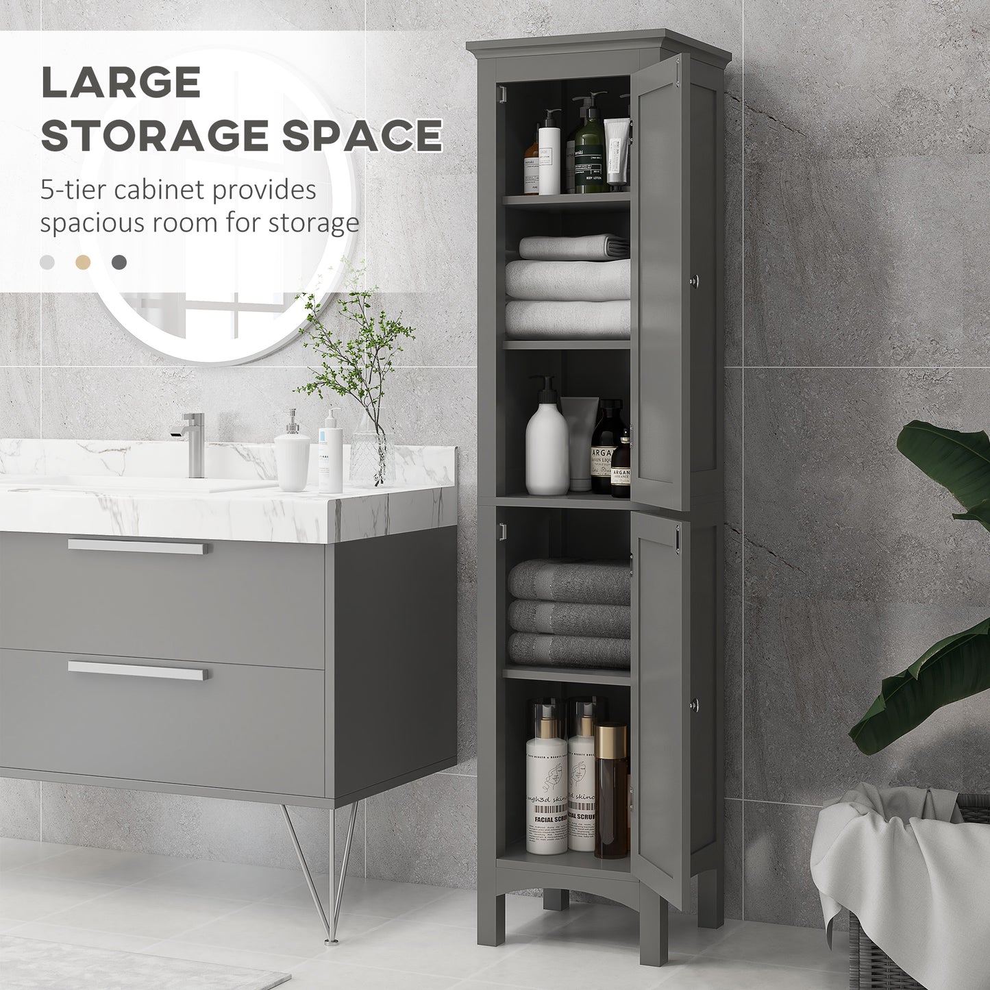 Tall Bathroom Cabinet, Freestanding Storage Organizer with Adjustable Shelves and Cupboards, 15" x 13" x 63", Grey