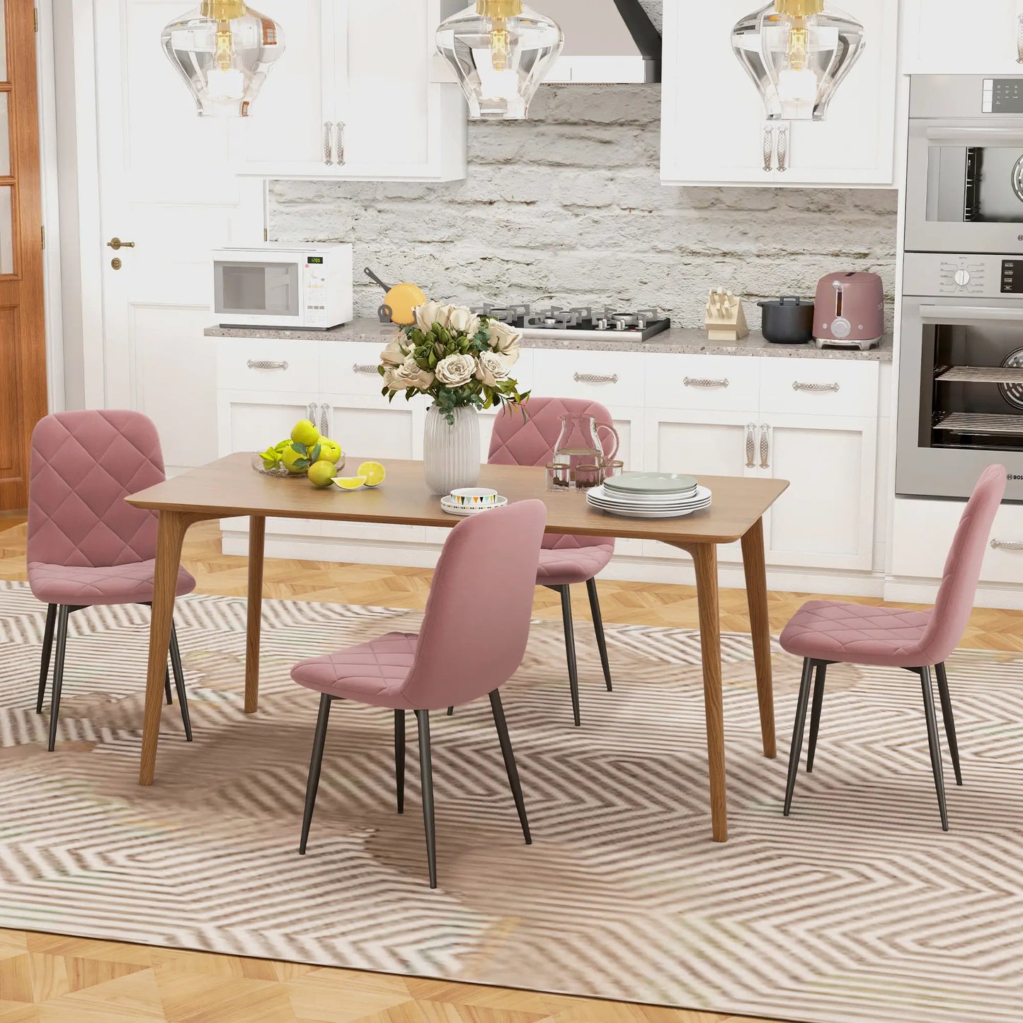 Set of 4 Dining Chair, Upholstered with Steel Legs, Pink