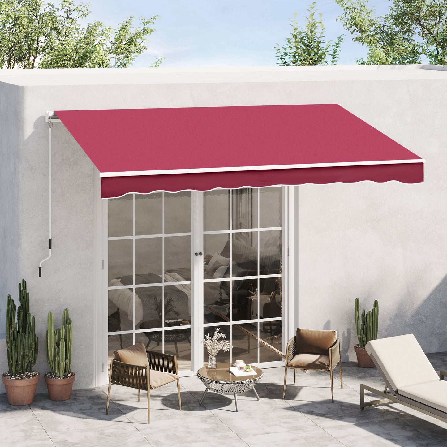 Outsunny 13'x8' Manual Retractable Patio Awning Water-resistant Sun Shade Outdoor Deck Window Door Canopy Shelter Aluminum Frame (Wine Red)