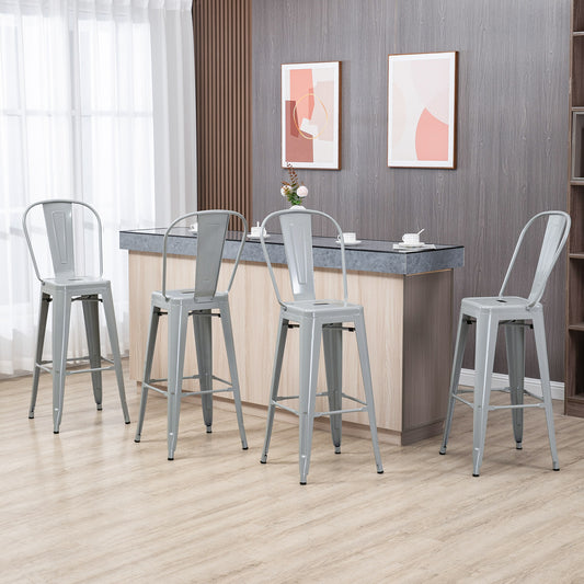 Set of 4 Bar Stools, Cafe Metal Frame in Silver Grey