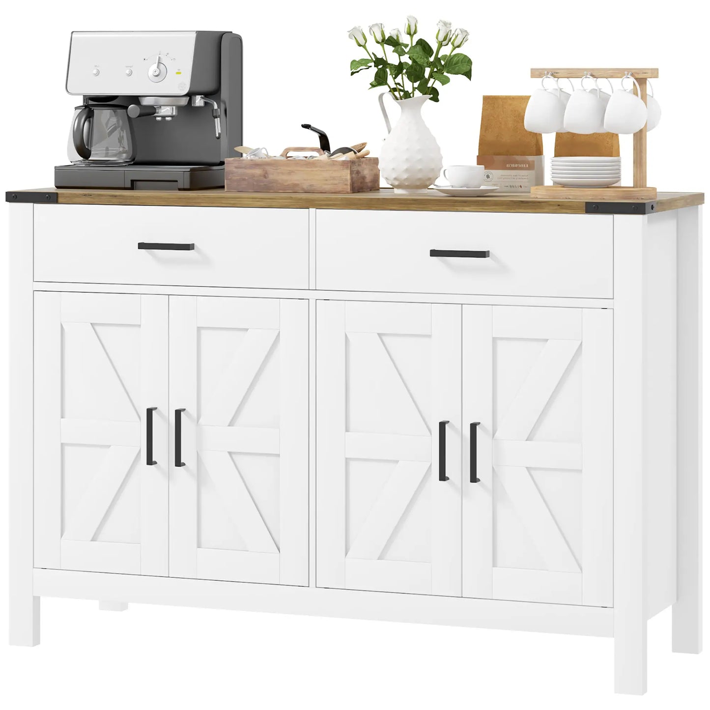 Farmhouse Buffet Cabinet Sideboard with 2 Drawers, 2 Storage Cabinets and Adjustable Shelves, White