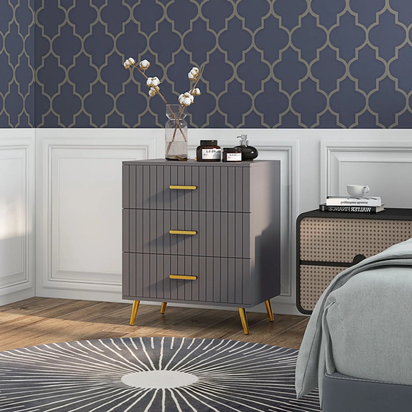 3 Drawer Drawer Chest with Aluminium Legs and Gold Handles, in Dark Grey