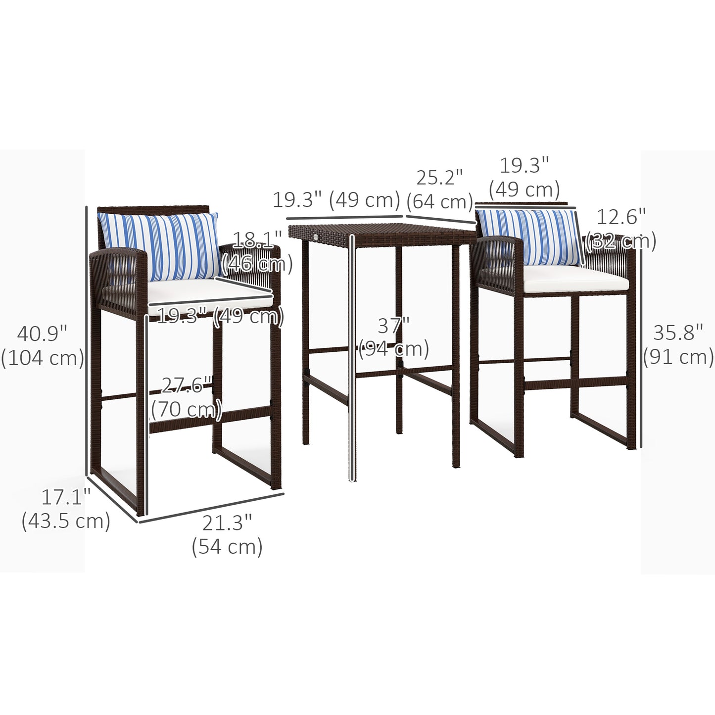 3-Piece Wicker Bar Set, Patio Bar Table Chair with Cushions, for Poolside, 25.2" x 19.3" x 37", White