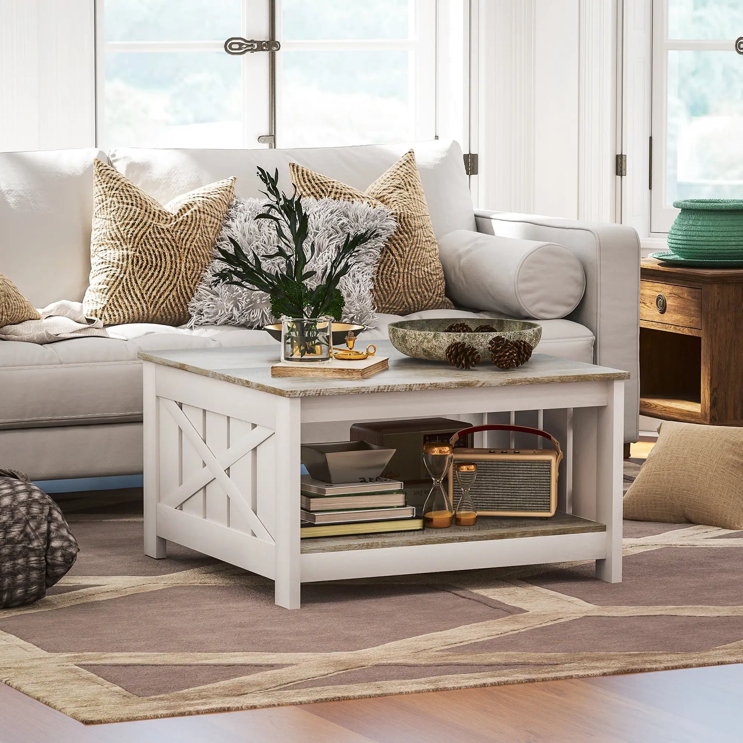 31.5" Square Coffee Table, Farmhouse 2-Tier Center Table Distressed Oak