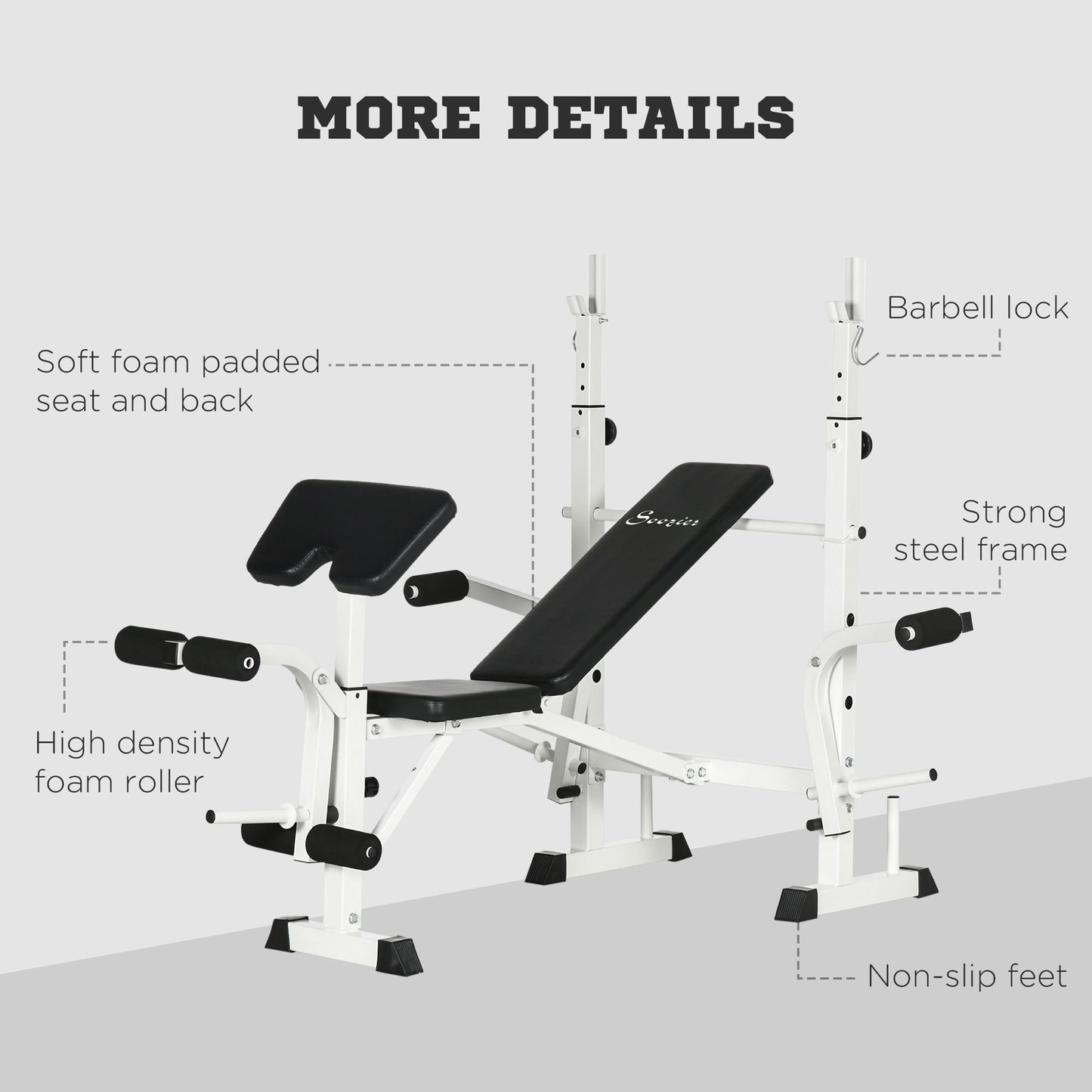 Bench Press Set Adjustable Weight Bench with Squat Rack, Preacher Curl Pad, Leg Developer, Butterfly and Weight Storage