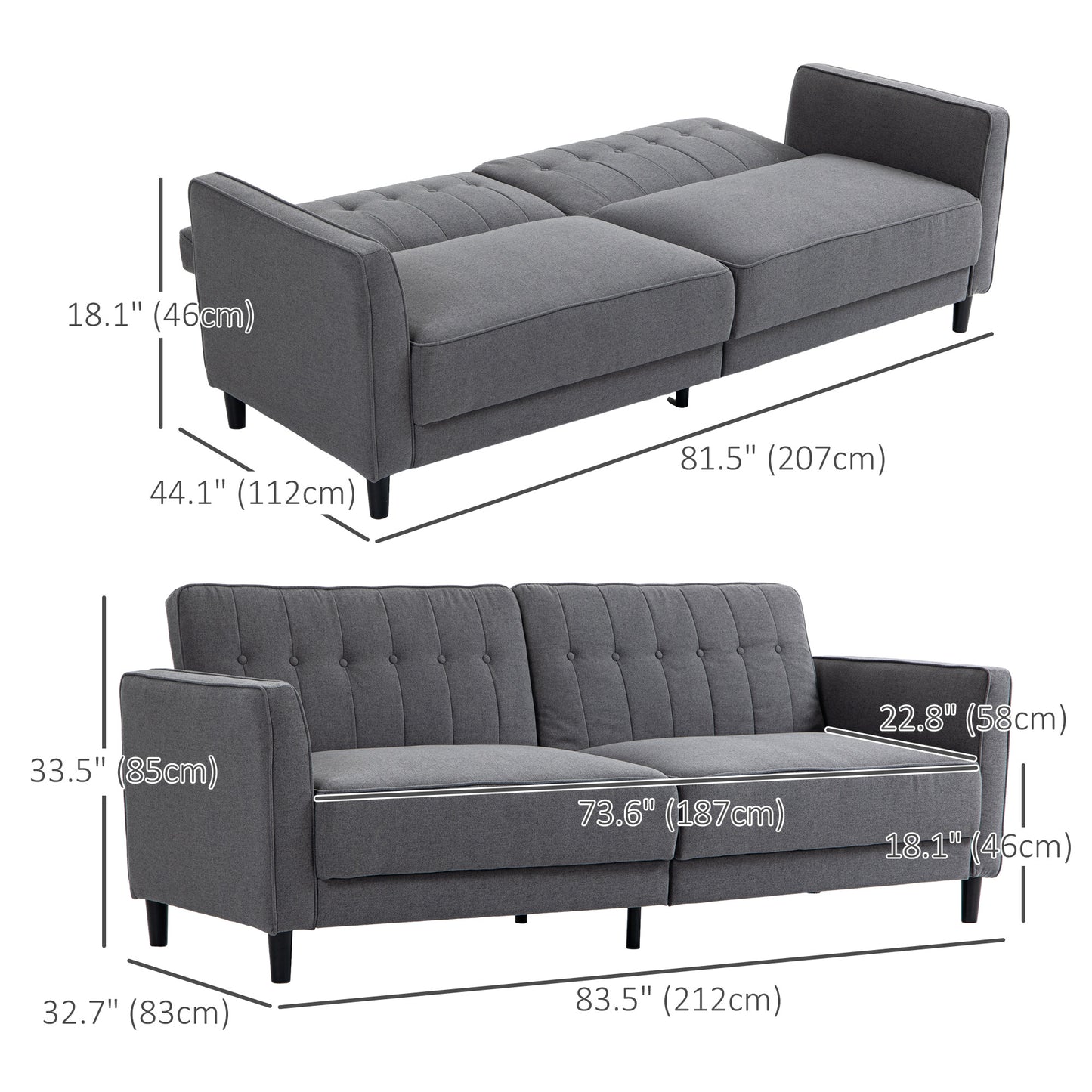 Pull Out Sofa Bed, Button Tufted Fabric Convertible Bed Couch with Adjustable Back, for Living Room, Charcoal Grey