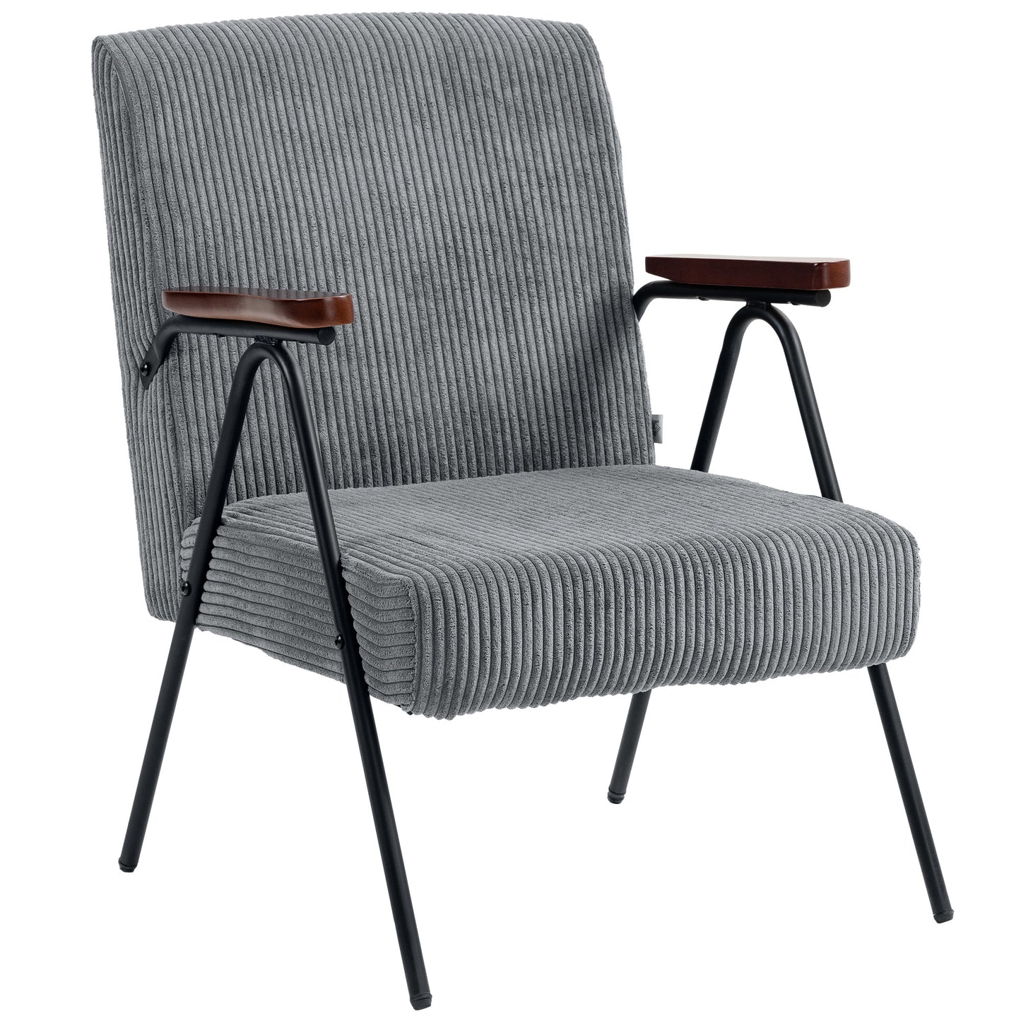 Modern Armchair, Upholstered Corduroy Accent Chair with Wood Arms and Steel Frame in white