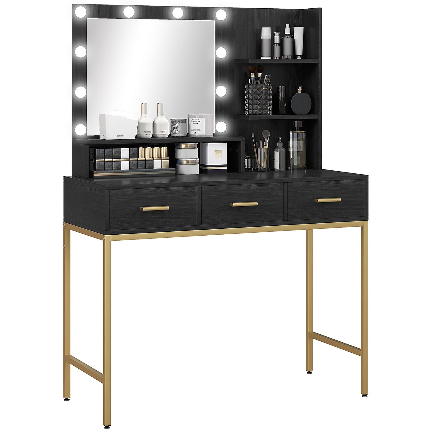 Illuminated Dressing Table, LED Vanity Table with Mirror, 3 Drawers and Storage Shelves for Bedroom, Black