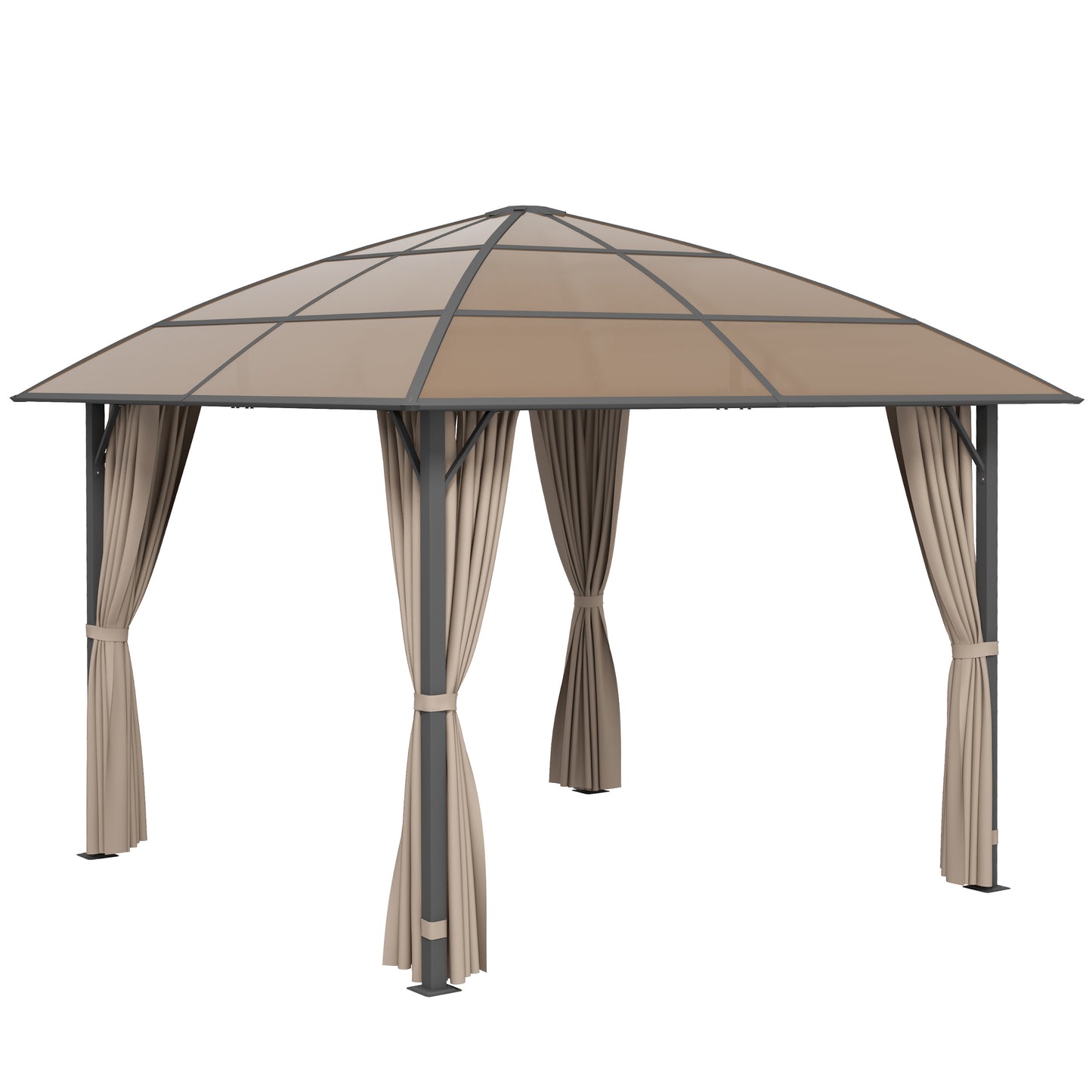 10' x 10' Outdoor Hardtop Gazebo Canopy with UV60+ Polycarbonate Roof, Steel Frame, Central Hook, Curtains, Khaki