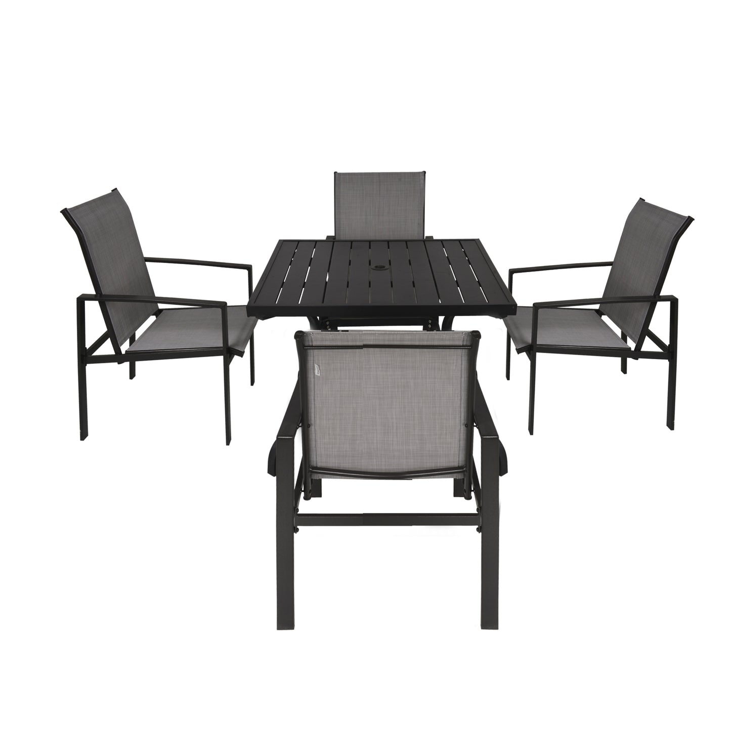 5pc Patio Garden Table Set Outdoor Furniture Dining Set w/ Metal Slat Finish and 1.75" Umbrella Hole for Backyard Porch, Grey