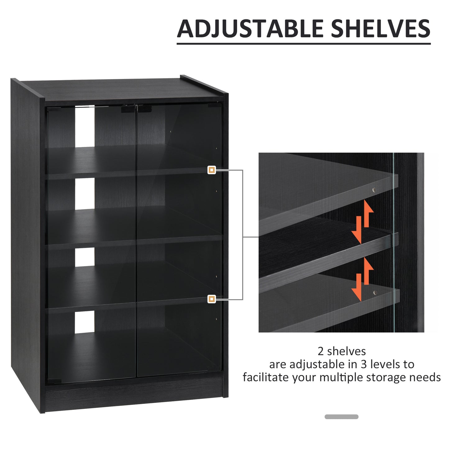 5-Tier Media Stand, Storage Cabinet with 3-Level Adjustable Shelves, Tempered Glass Doors, and Cable Management, Black