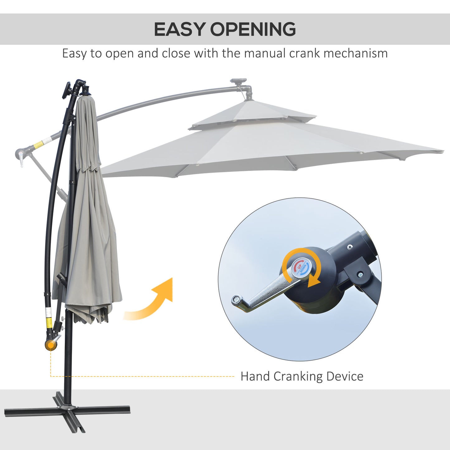 10FT Cantilever Patio Umbrella with Lights Solar Powered Offset Umbrella with Crank and Cross Base for Deck Light Grey