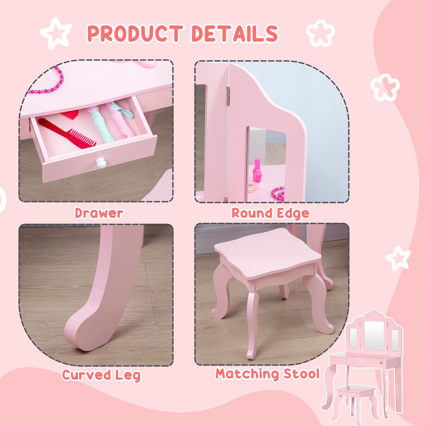 Qaba Kids Vanity Table & Chair Set, Wooden Princess Makeup Dressing Table, Pretend Play Vanity Set for Little Girls with Tri-folding Mirrors, Drawer, Pink