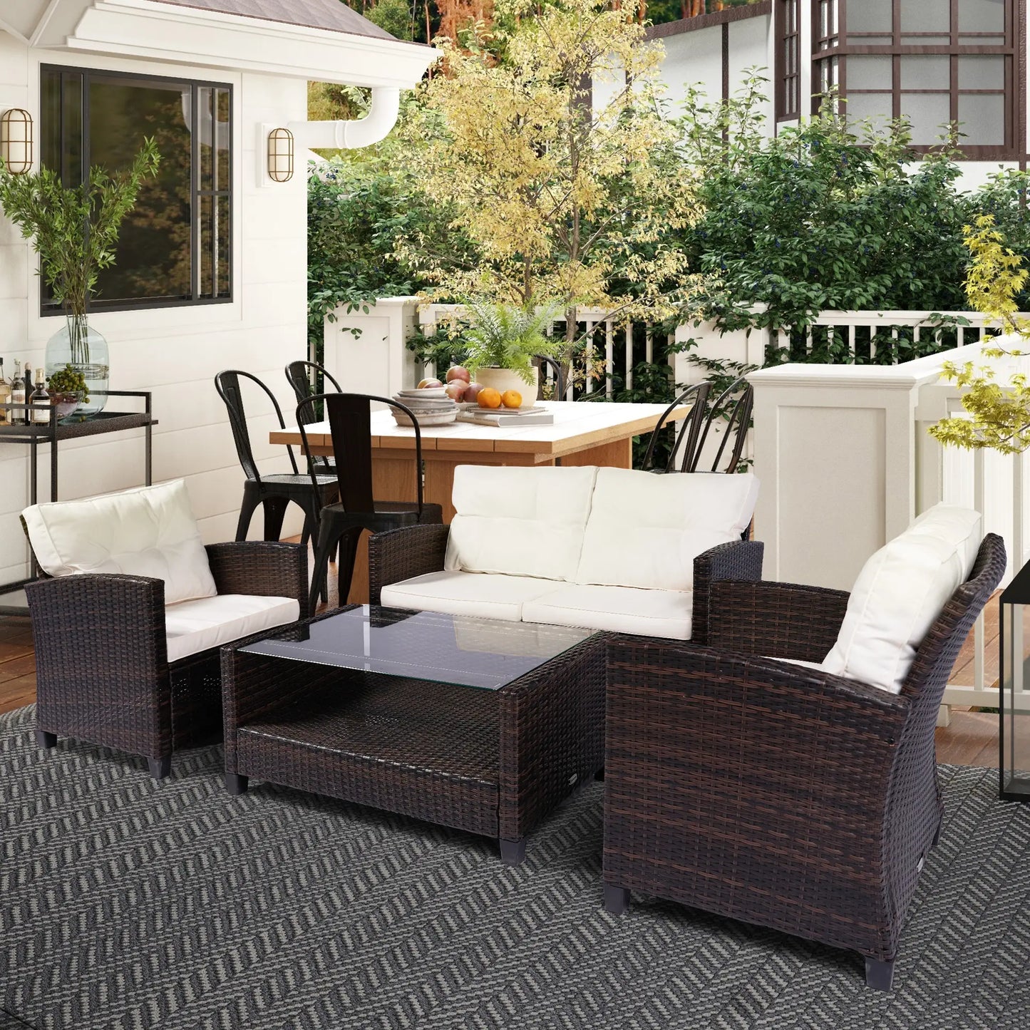 4 Piece Rattan Patio Furniture Set w/ Glass Table Top, Cushions for Backyard, Garden, Poolside, Deck, Khaki