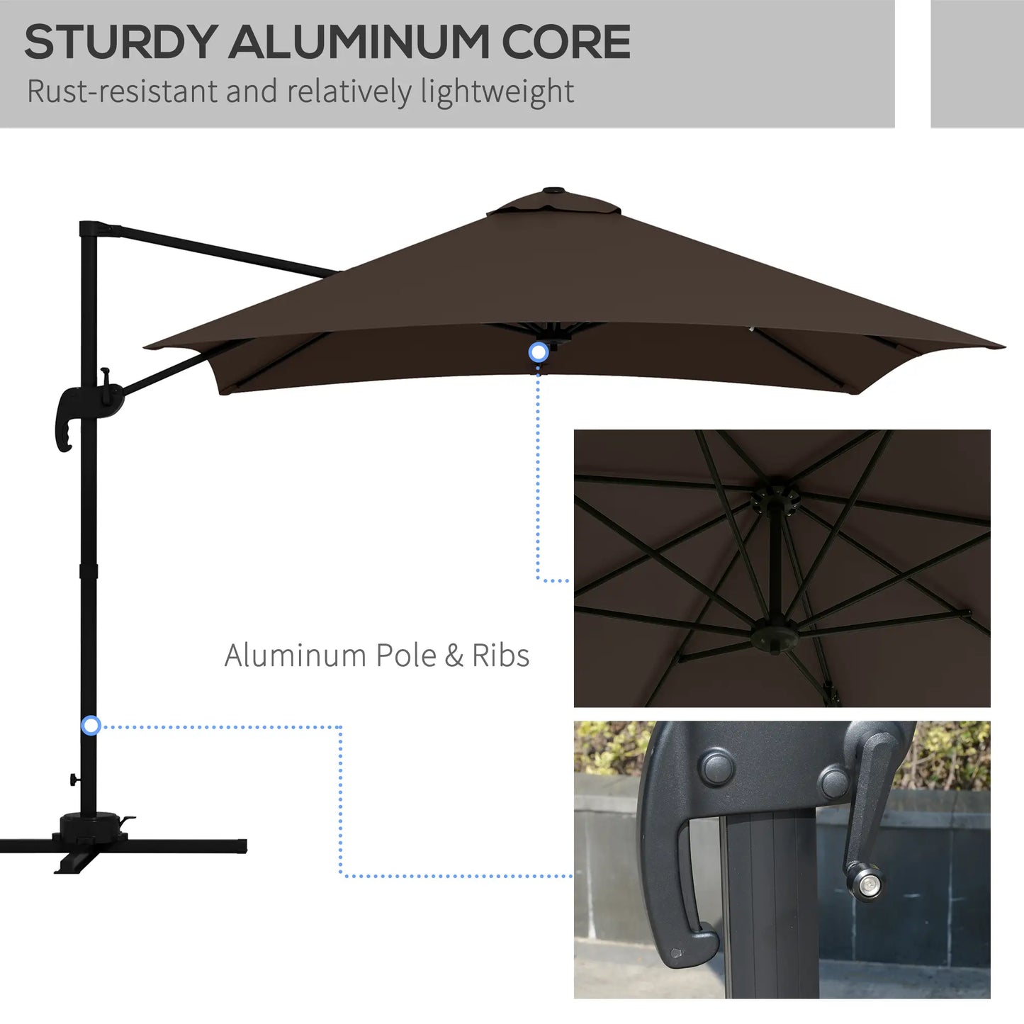 10x10ft Cantilever Umbrella, Rotatable Square Market Parasol, 4 Adjustable Angle for Outdoor Backyard Patio Coffee