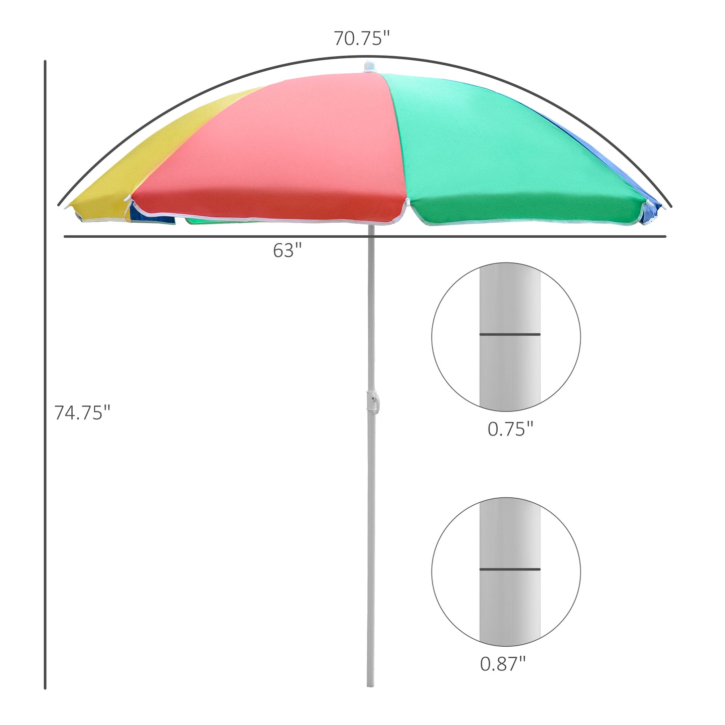 5ft Round Beach Umbrella Outdoor UV Protection Sun Shade Canopy w/ Push Button Tilt Pole Rainbow