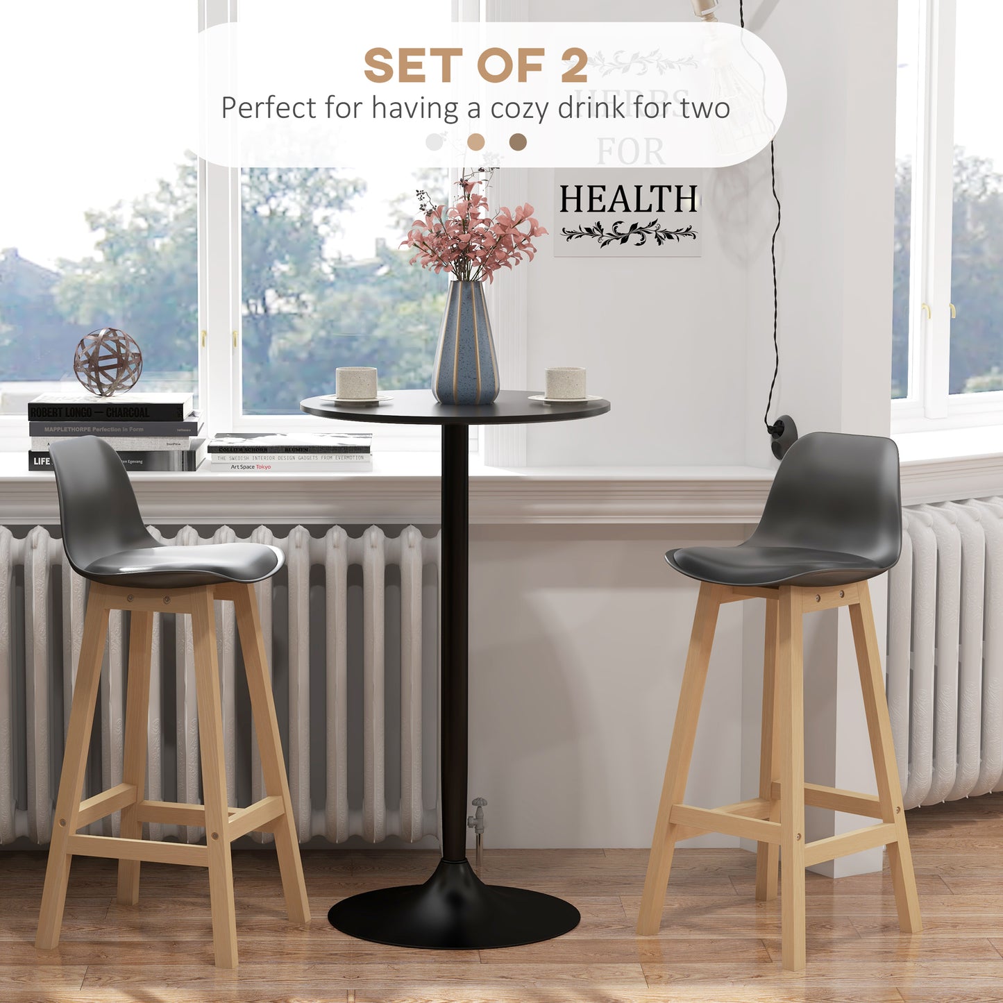 Bar Height Stools Set of 2, PU Leather Upholstered Stools for Kitchen Island, Modern Bar Chairs with Backs, Black