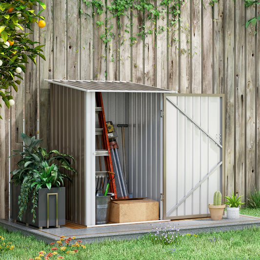 3.3' x 3.4' Lean-to Outdoor Garden Storage Shed, Galvanized Steel with Lockable Door for Patio Brown and White