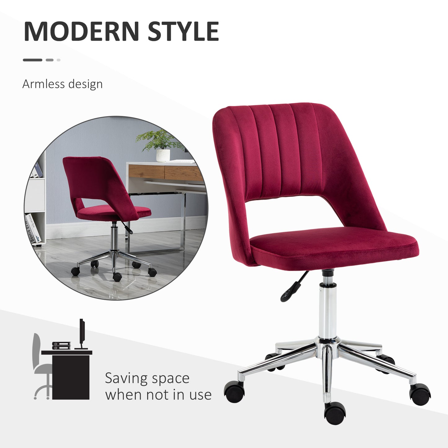 Mid Back Office Chair Velvet Fabric Swivel Scallop Shape Computer Desk Chair, Red