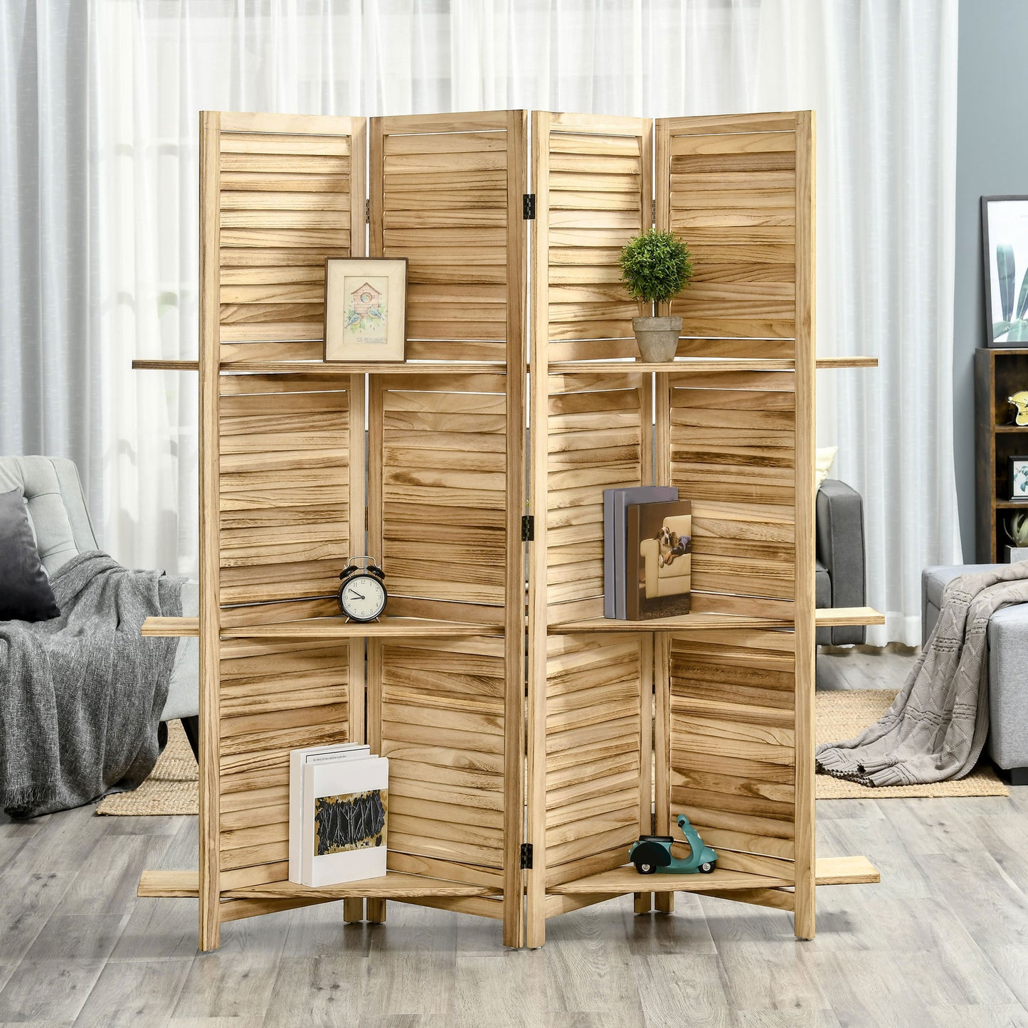 5.6' 4 Panel Room Divider, Folding Wall Divider, Indoor Privacy Screen for Home Office, Natural