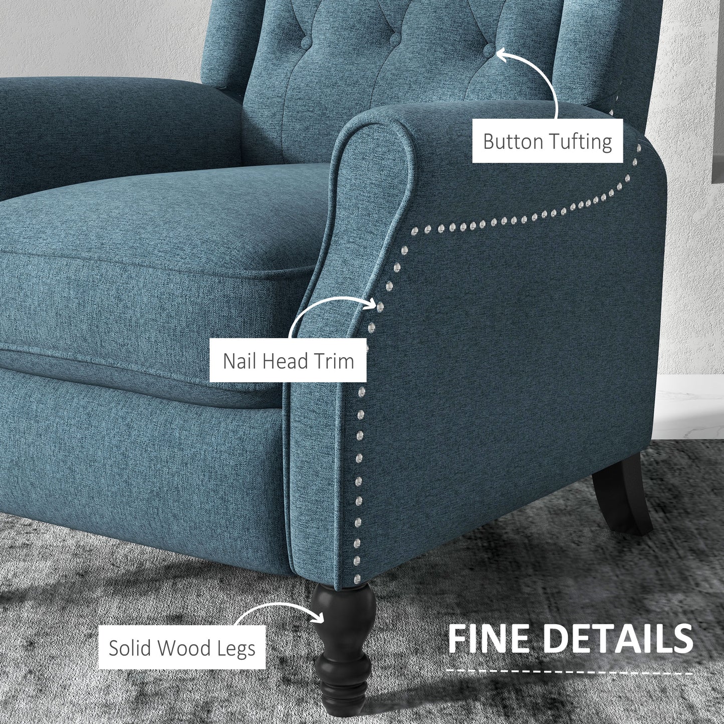 Wingback Reclining Chair with Footrest, Button Tufted Recliner Chair with Rolled Armrests for Living Room, Blue