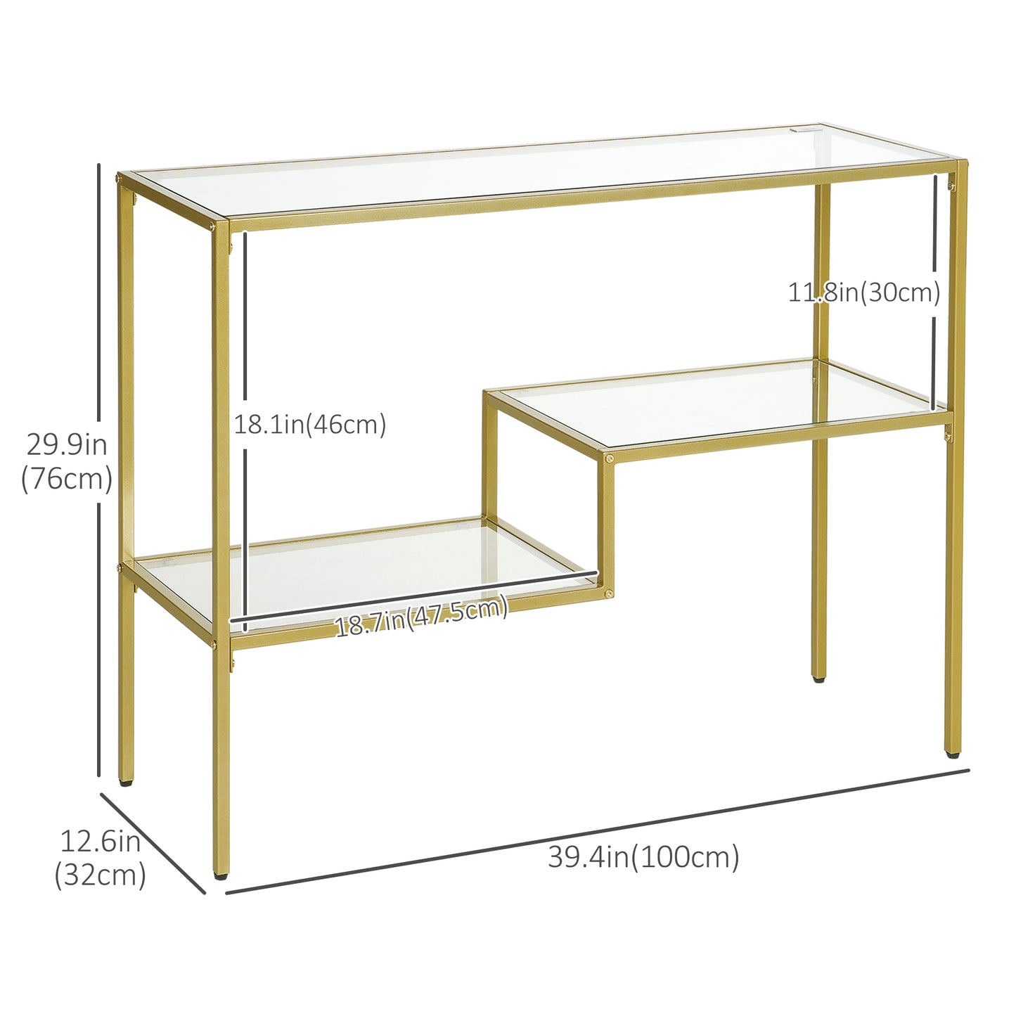 Gold Console Table, 39" Tempered Glass Sofa Table, Narrow Entryway Table with Storage Shelves, Steel Frame for Living Room, Hallway