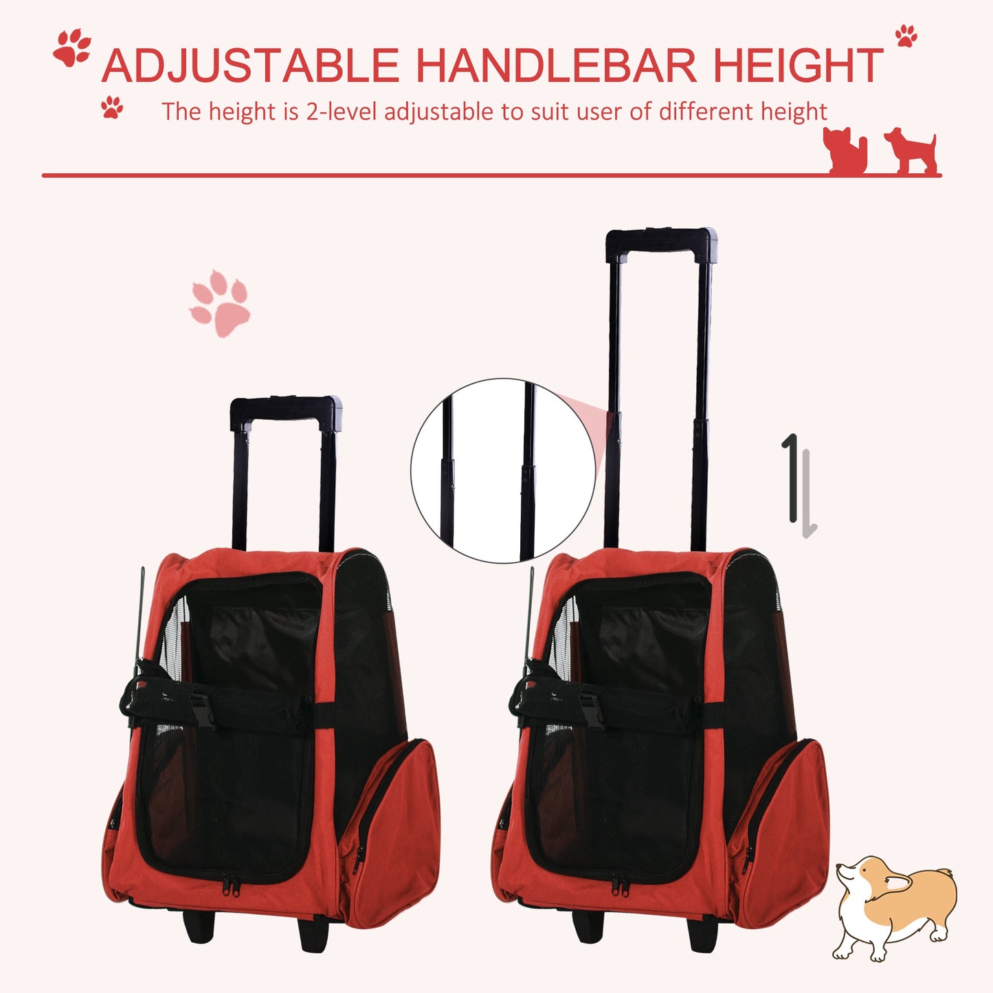 4-IN-1 Pet Luggage Box Carrier Cat Dog Backpack Crate Rolling Wheel w/ Removable Stand Red