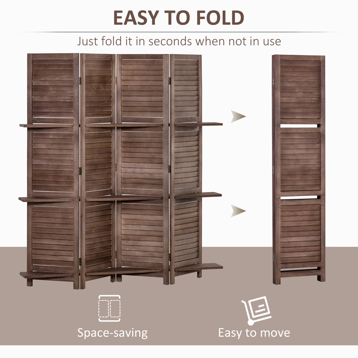 5.6' 4 Panel Room Divider, Folding Wall Divider, Indoor Privacy Screen for Home Office, Walnut Brown