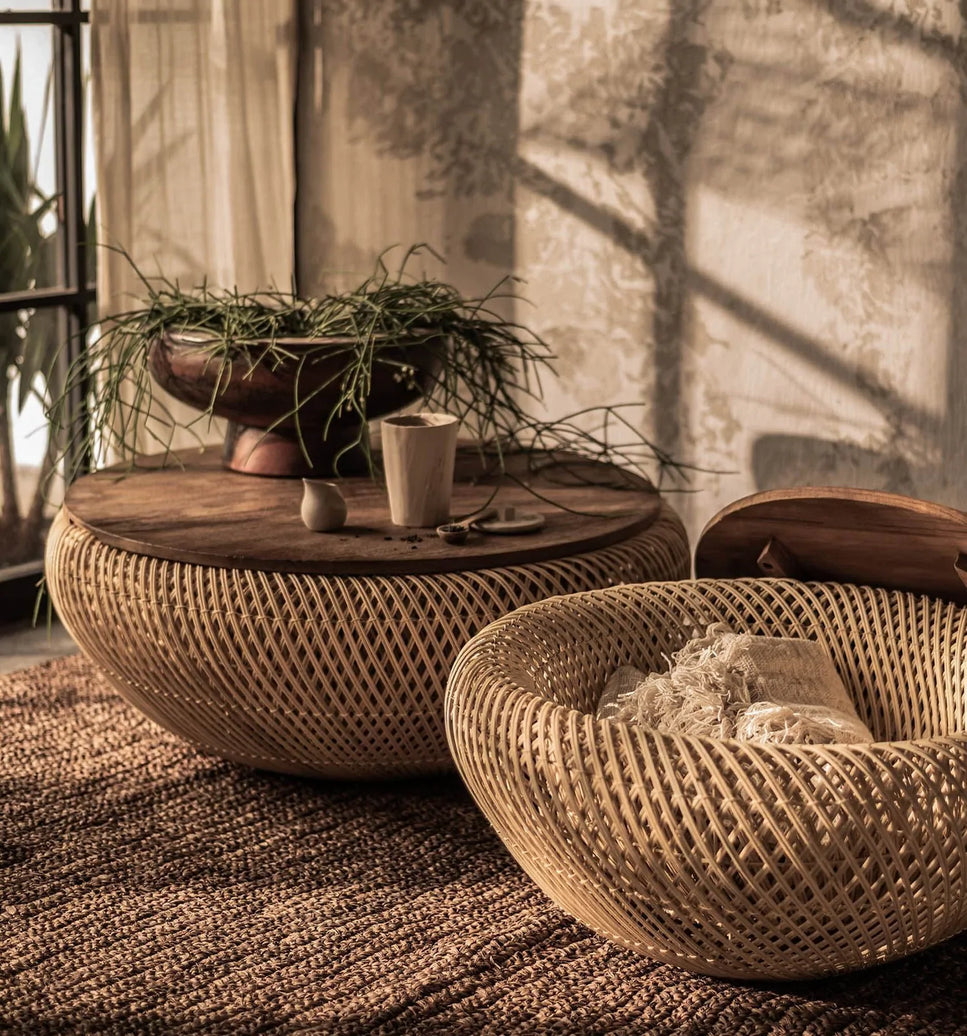 Reclaimed Teak with Rattan Weave Coffee Table in Natural